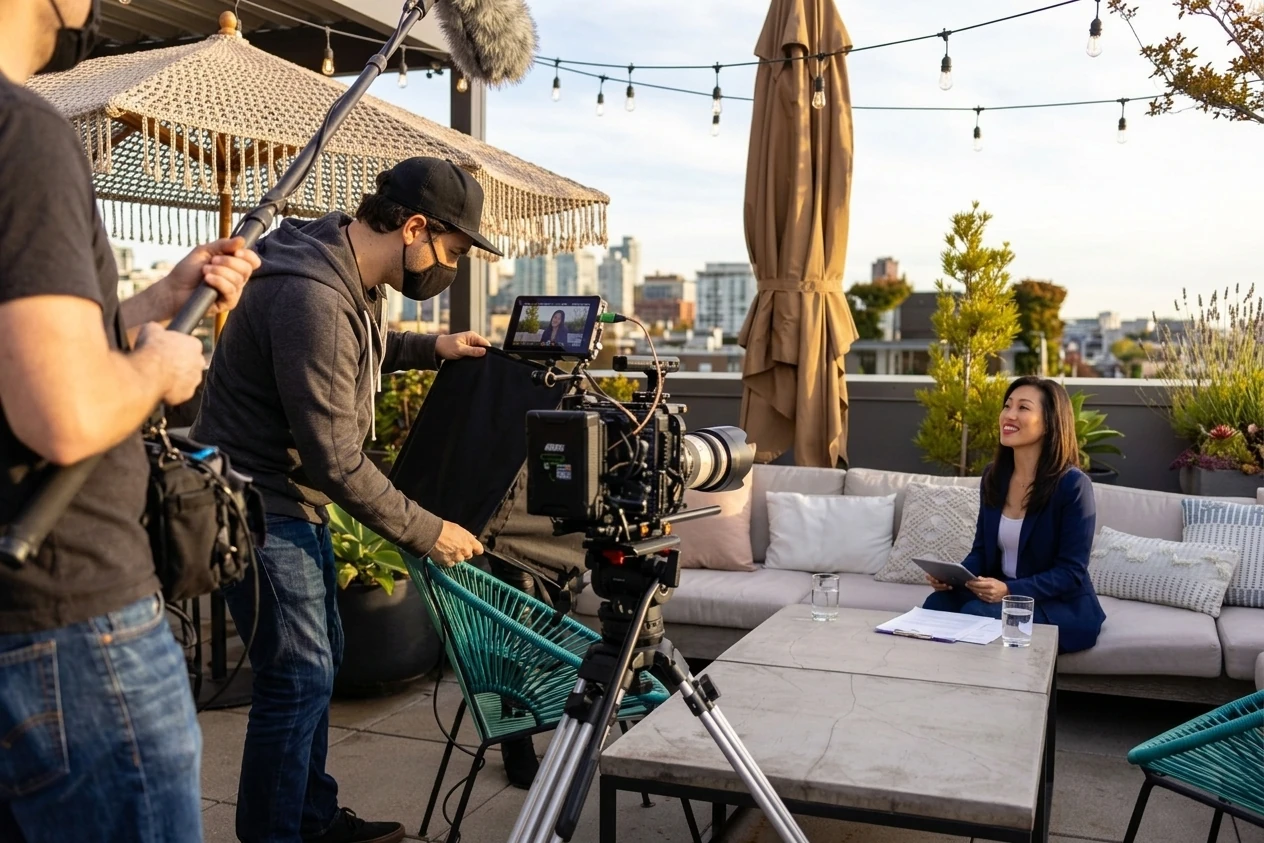 A behind-the-scenes look at a video shoot with a camera operator filming a subject in an outdoor setting, capturing the essence of storytelling and content creation.
